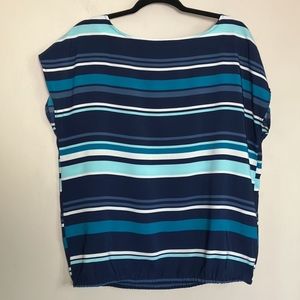 Reitmans blouse blue striped short sleeved top elastic waistband